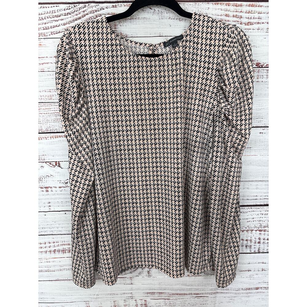 Womens Adrianna Papell Pink Black Print Puff Shoulder Long Sleeve Top Stretch L